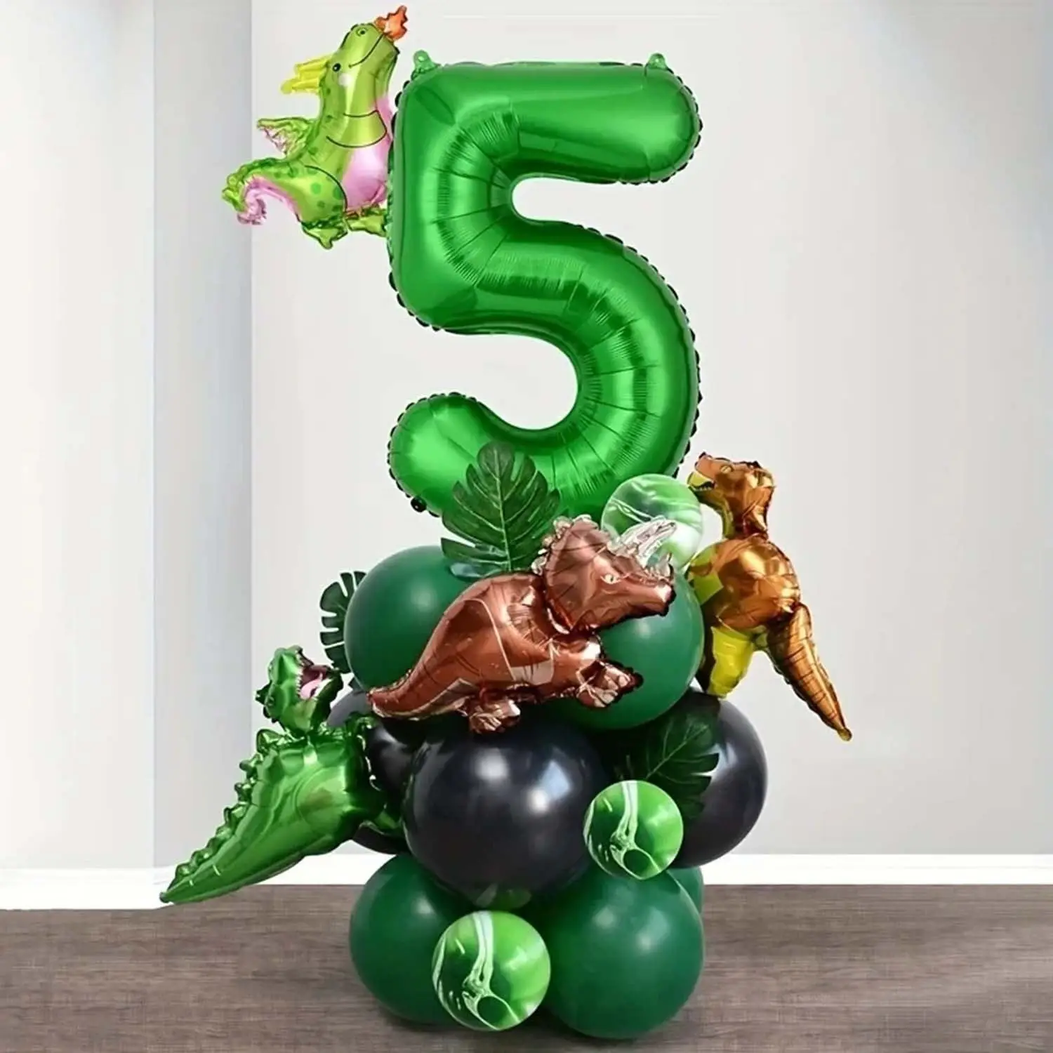 25-teiliges Grünes Dschungel-Dinosaurier-Dekorationsset für Jungen-Geburtstagsfeier, Zahlenballon, Säule, Tyrannosaurus Rex, Feuerdrache – Detail 7
