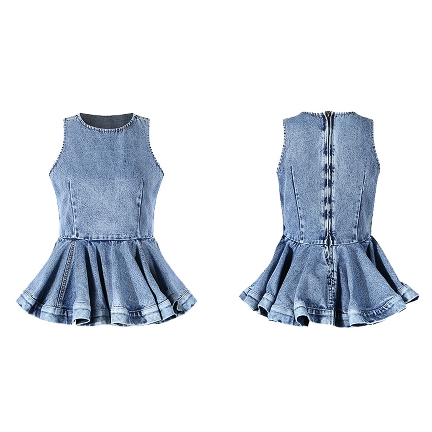 Y2K Women Denim Two Piece Outfit Sleeveless Ruffle Peplum Top High Waist Split Balloon Wide Leg Jean Matching Sets