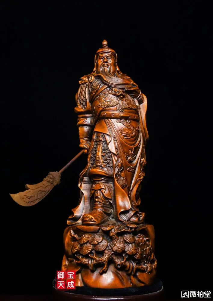 Chinese Boxwood Wood Carved Dragon Warrior Wealth Mammon Guan Gong Yu God Statue