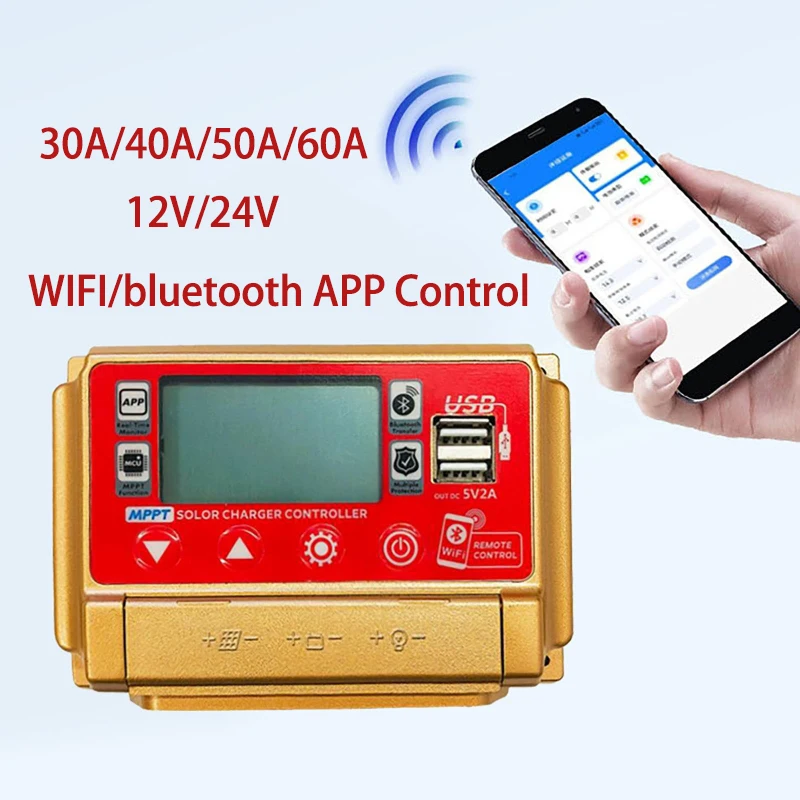 30A 40A 50A 60A MPPT Solar Panel Charge Controller 12V/24V LCD Digital Display Screen Bluetooth Wifi Solar Controller Dual USB