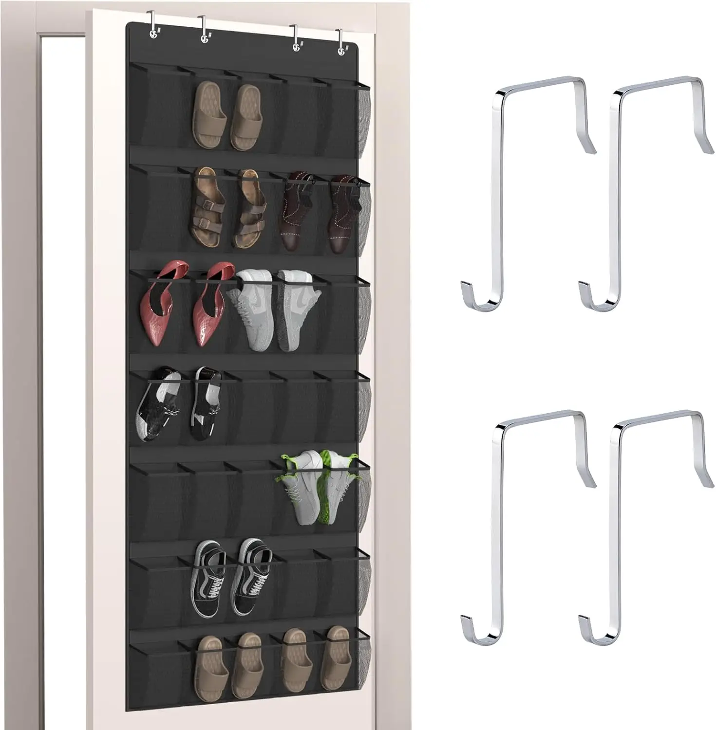 

Органайзер для обуви на дверь с 35 карманами, дышащей сеткой и металлическими крючками для экономии места при хранении обуви и аксессуаров