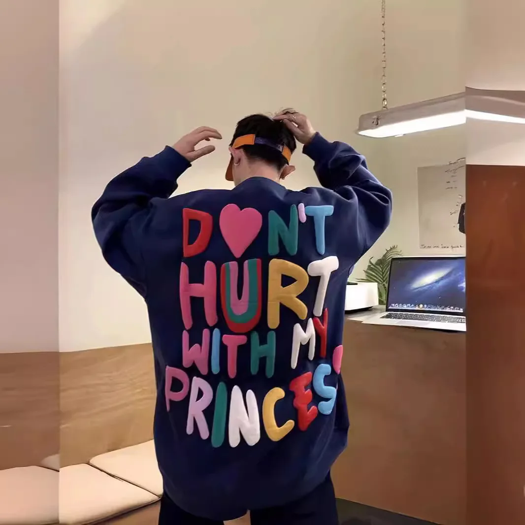 

Толстовка с принтом из пенопласта с буквенным принтом, уличная одежда в стиле хип-хоп, толстовки для мужчин и женщин, толстовка с круглым вырезом, черная свободная уличная одежда