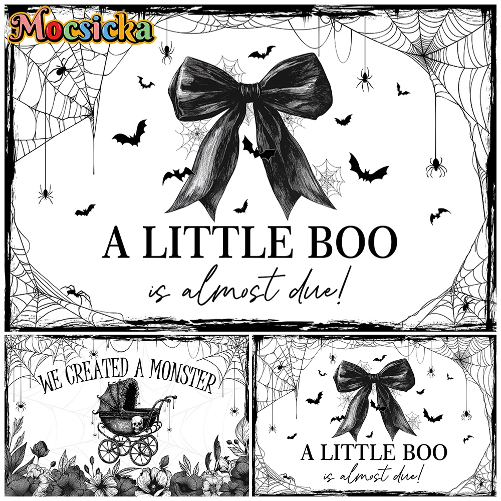 Mocsicka Halloween Baby Shower Tapestry Backdrop Black Bow Stroller Spider Web Bat Photography Backgrounds Gender Reveal Party