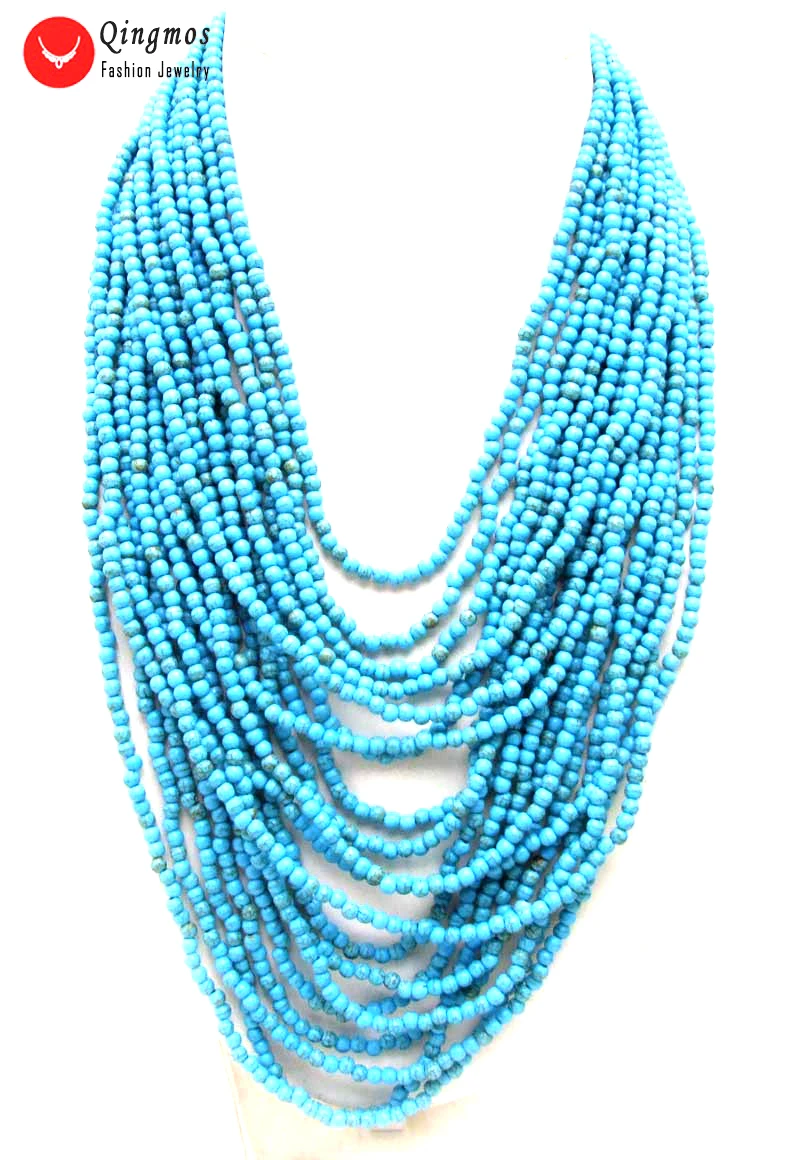 Qingmos 4mm Round Natural Blue Turquoise Necklace for Women with Genuine Stone Jewelry 20 Strands Necklace 18-27'' Chokers