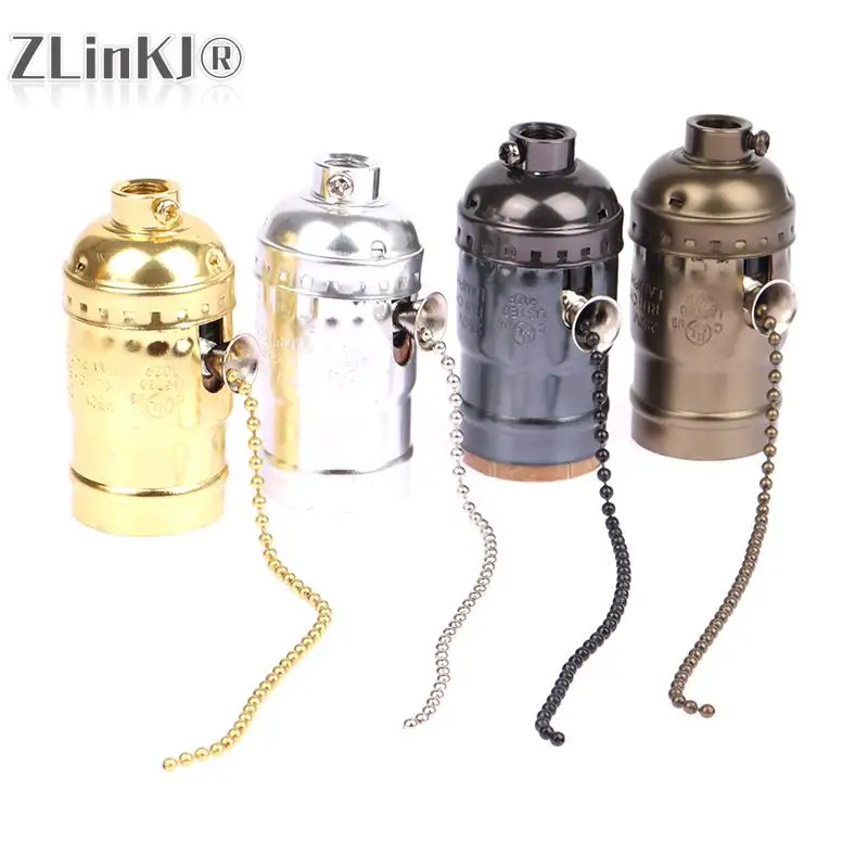 Vintage E26 E27 Aluminum Alloy Antique Lamp Base Holder Screw Aluminum Shell Bulb  Light Screw Socket 4 Colors With Chain Switch