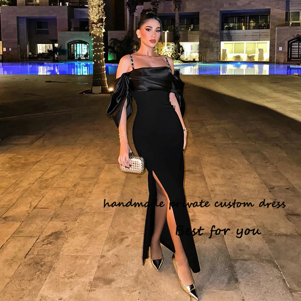 

Black Evening Dresses Off Shoulder Strapless Arabian Dubai Prom Dress with Slit Floor Length Women Formal Occasion Gowns
