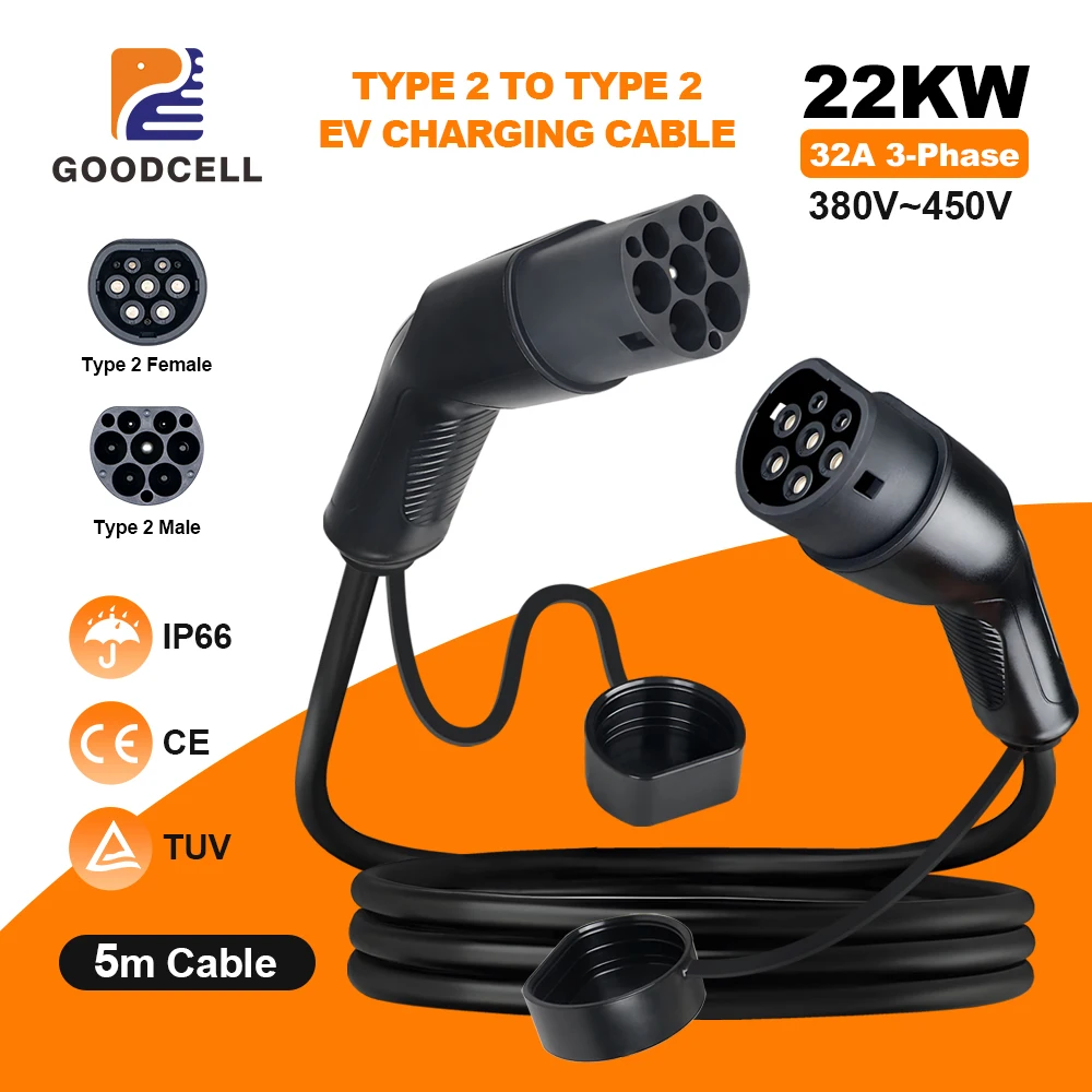 

GOODCELL 11/22 кВт кабель для зарядки электромобилей 16/32A 3P Type2 к Type 2 IEC62196 3 фазы 200 В-450 В для зарядки электромобилей типа 2