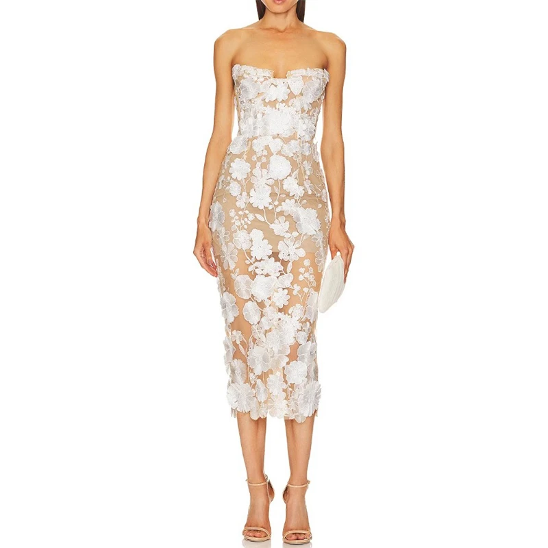 

2025 spring andSummer new women's lace three-dimensionalHook flower sexy strapless dress y2k fashion sexy socialite dinner dress