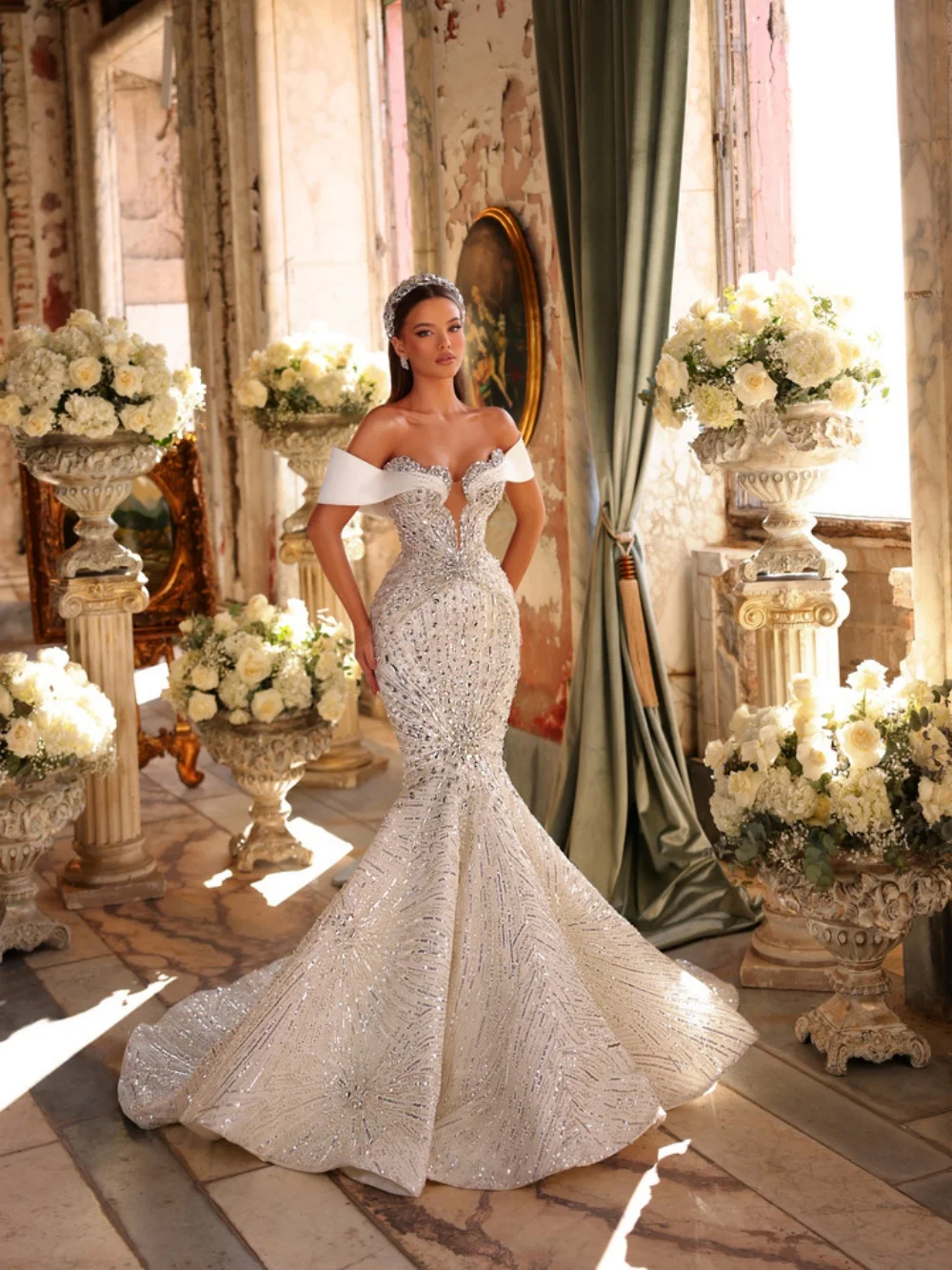 New Arrival Silver Crystal Wedding Dress Dreamy Floor-length Mermaid Bridal Gown Customized Off Shoulder Dresses For Bride