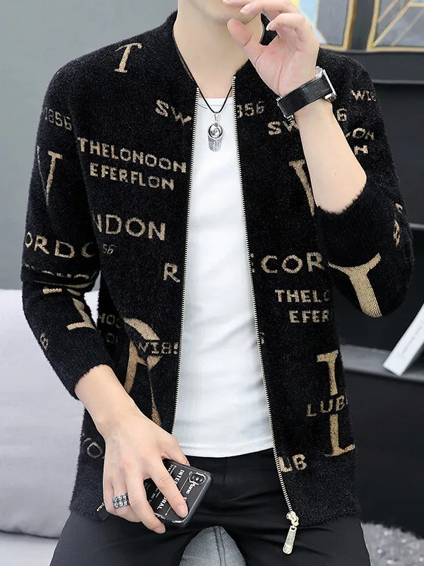 

Осенне-зимний вязаный кардиган мужской, бейсбольная куртка из искусственного меха норки, модный свитер с вышивкой букв, свободный крой, молодежный стиль