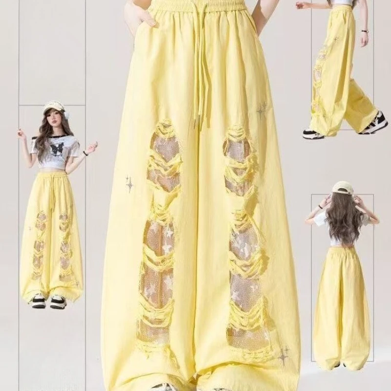 Milk yellow lace patchwork ripped jeans women's summer new high waisted drawstring star embroidered design wide leg pants