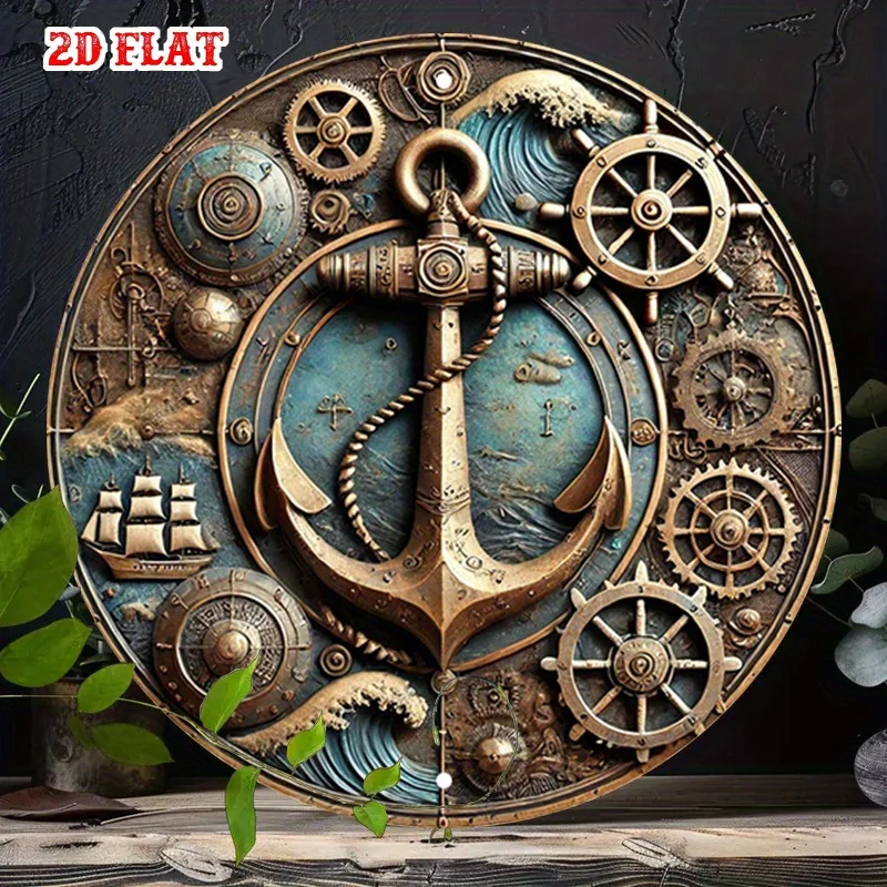 2D Flat, 1pc Vintage Metal Sign with Bronze Anchor, Gears & Ship Wheel Backyard - Indoor Decor  Nautical Decor