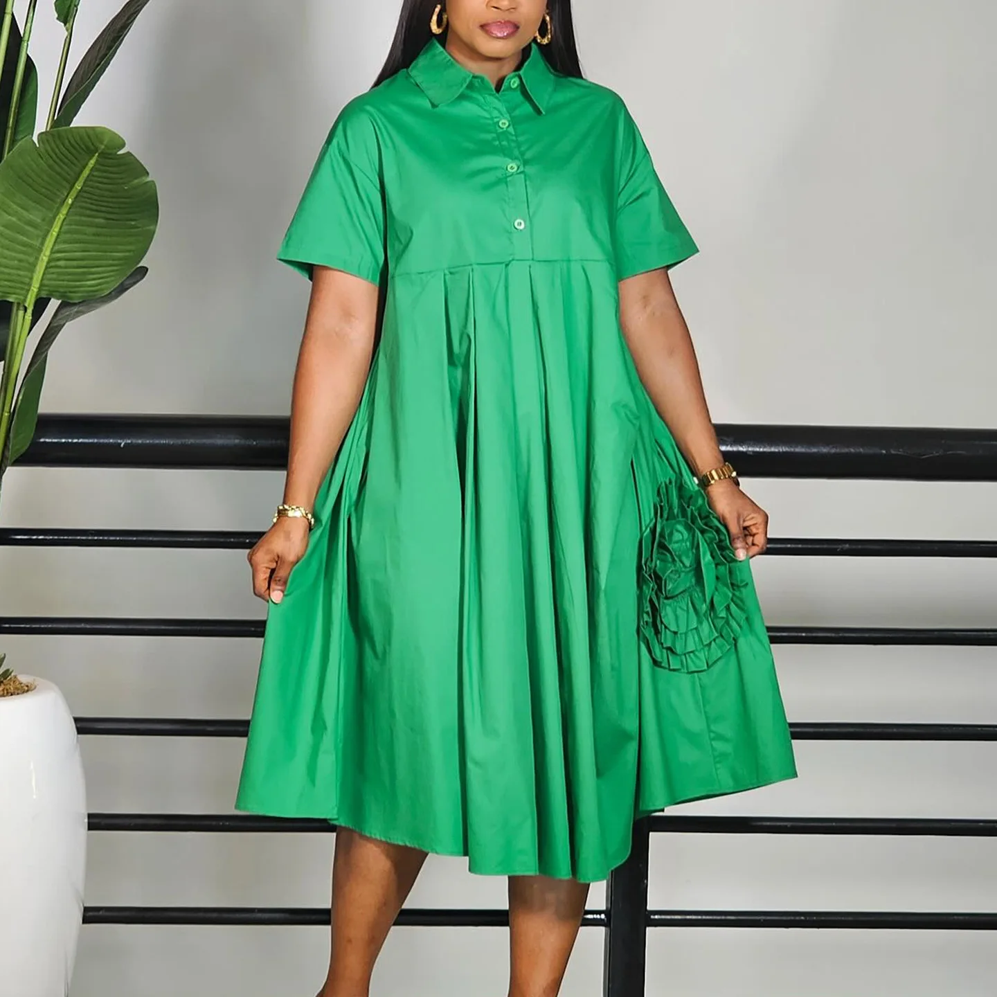 

Loose Casual Solid Color Dress For Women Fashion Lapel Short Sleeve Buttons A-line 3D Flower Decoration Folds Midi Dresses
