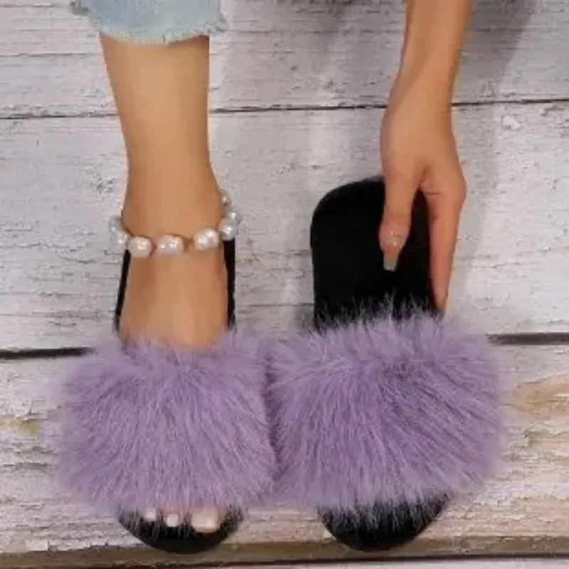 Warm Plush Slippers Women Slides Flat Heels Fluffy Fur Solid Color Women Shoes Low Heels Platform Fur Slippers Shoes Zapatos