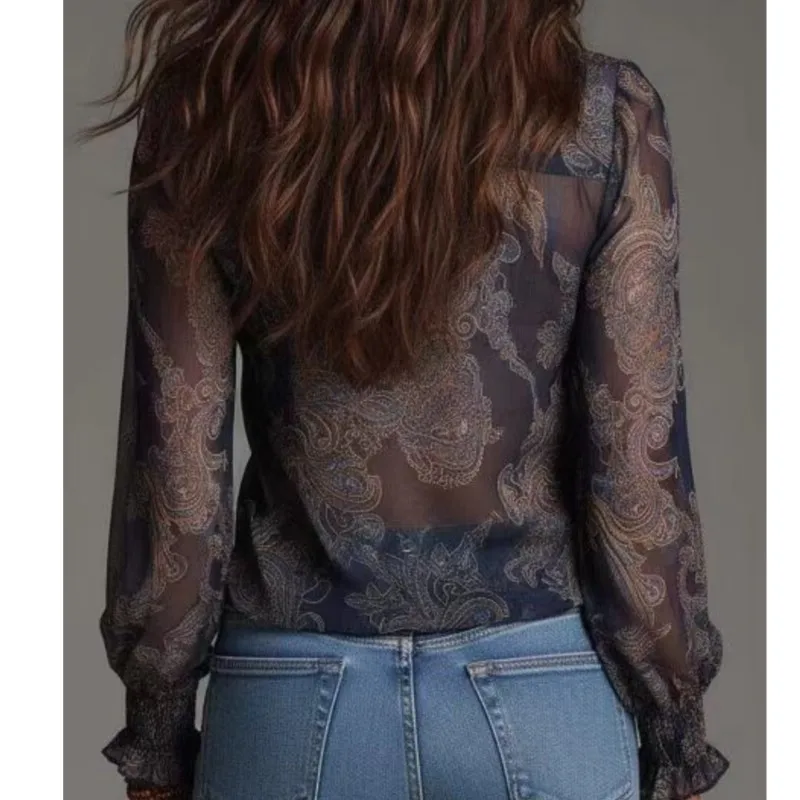 New Chiffon Sexy Ruffled V Neck Women's Shirt Fashion Elegant Paisley Print Sheer Long Sleeve Zip Tops Blouses Streetwear Femme