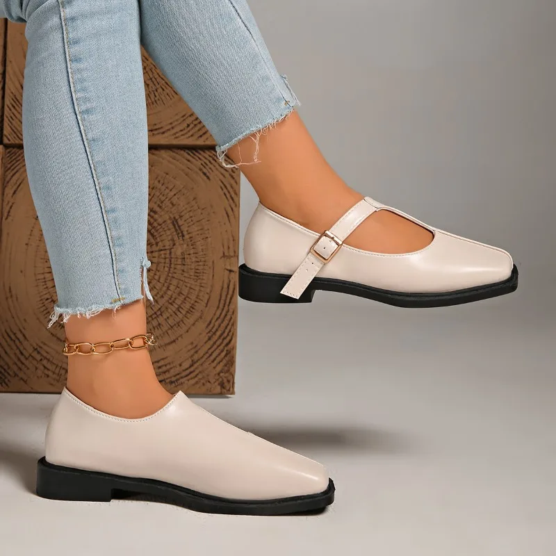 النمط الفرنسي موضة كل مباراة حذا فردي للسيدات 2025 ربيع جديد لونين ساحة تو الفم الضحلة كعب مربع حذاء مسطح حجم كبير #4