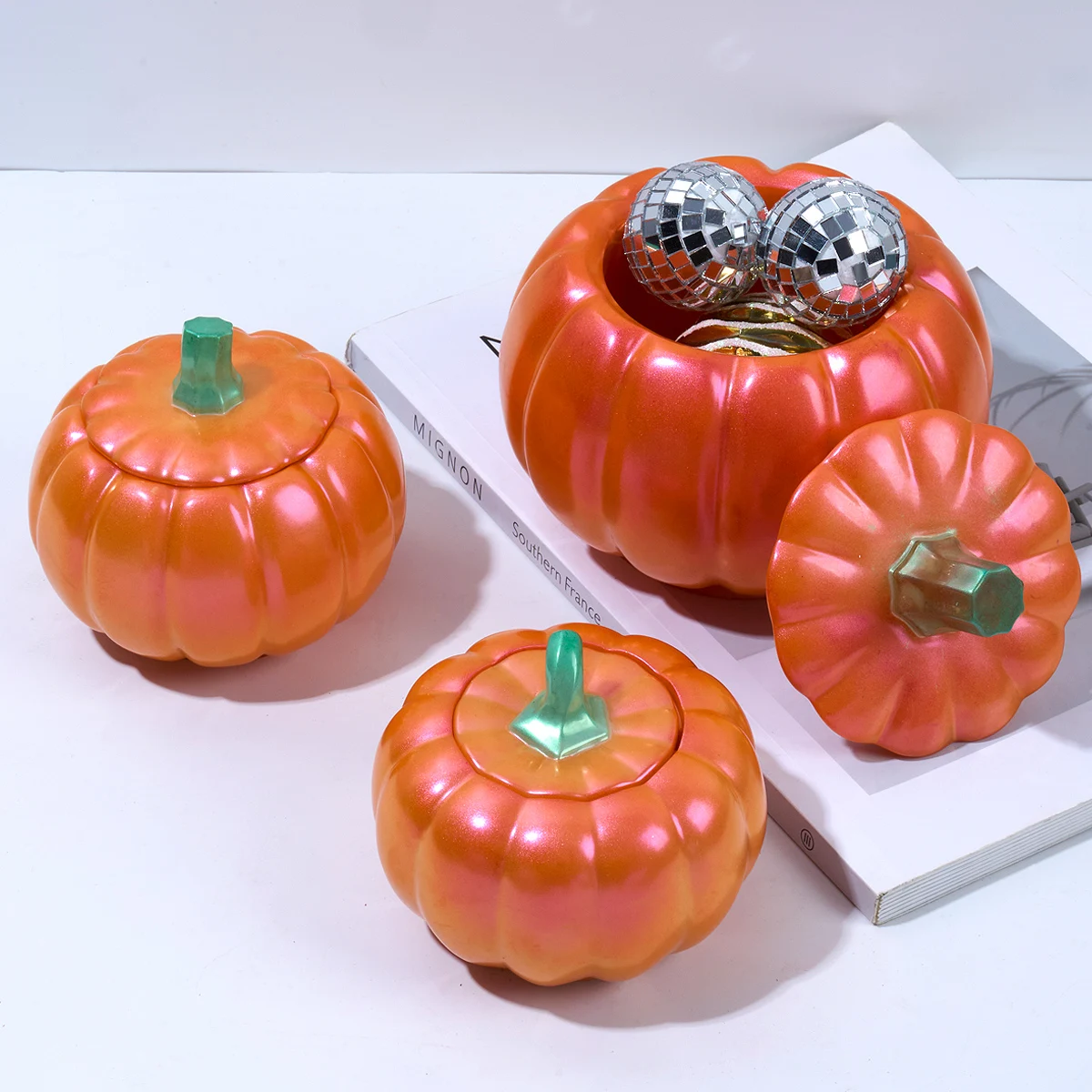 DIY Crystal Epoxy Resin Mold Halloween Large Pumpkin with Lid Set Jewelry Storage Box Candle Jar Silicone Mold 3D Plaster Craft