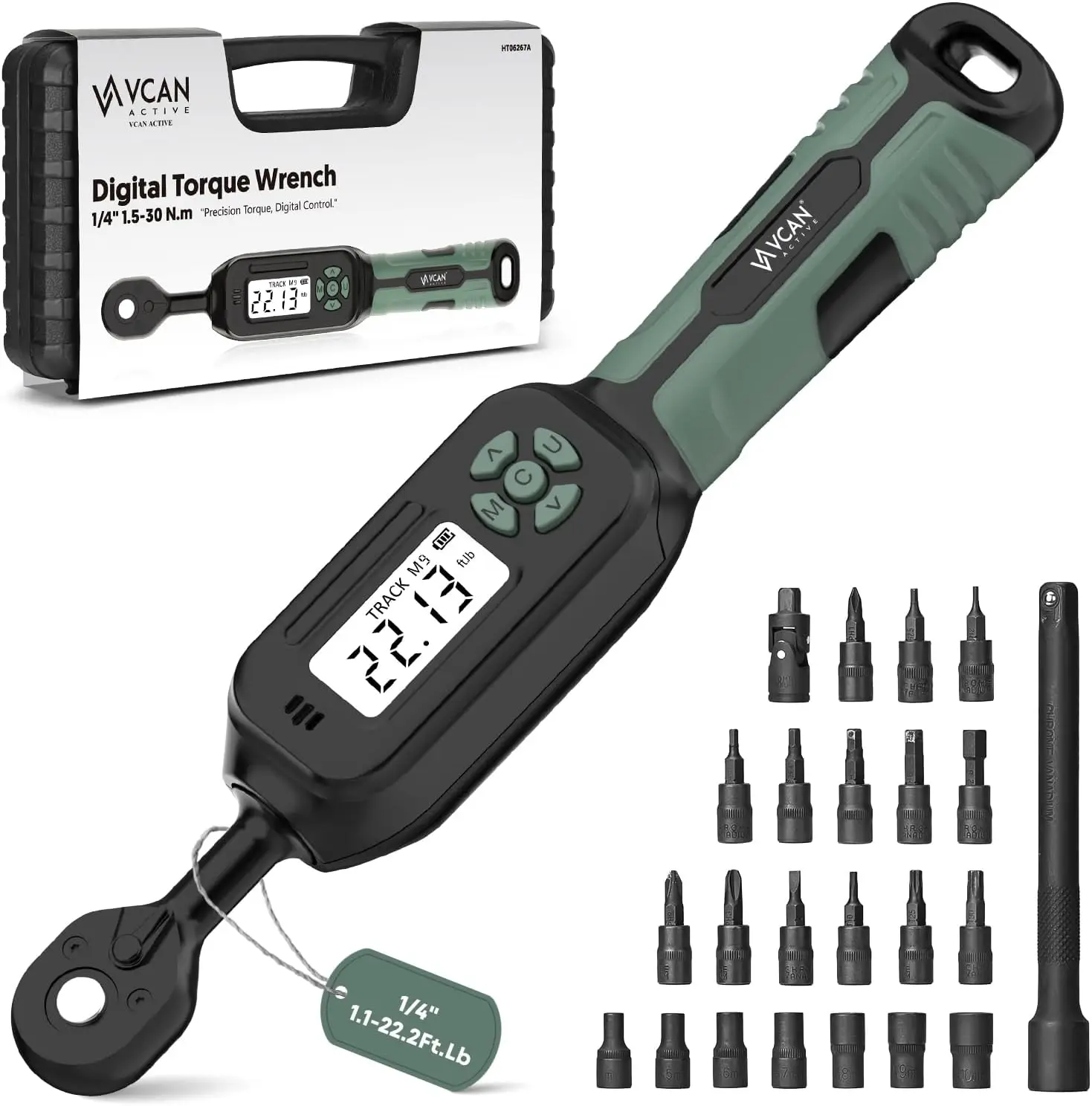 

Digital Torque Wrench 1/4' Drive, 1.1-22.2 Ft.Lb, ±2% Accuracy, Buzzer & LED, Includes Bits & Sockets