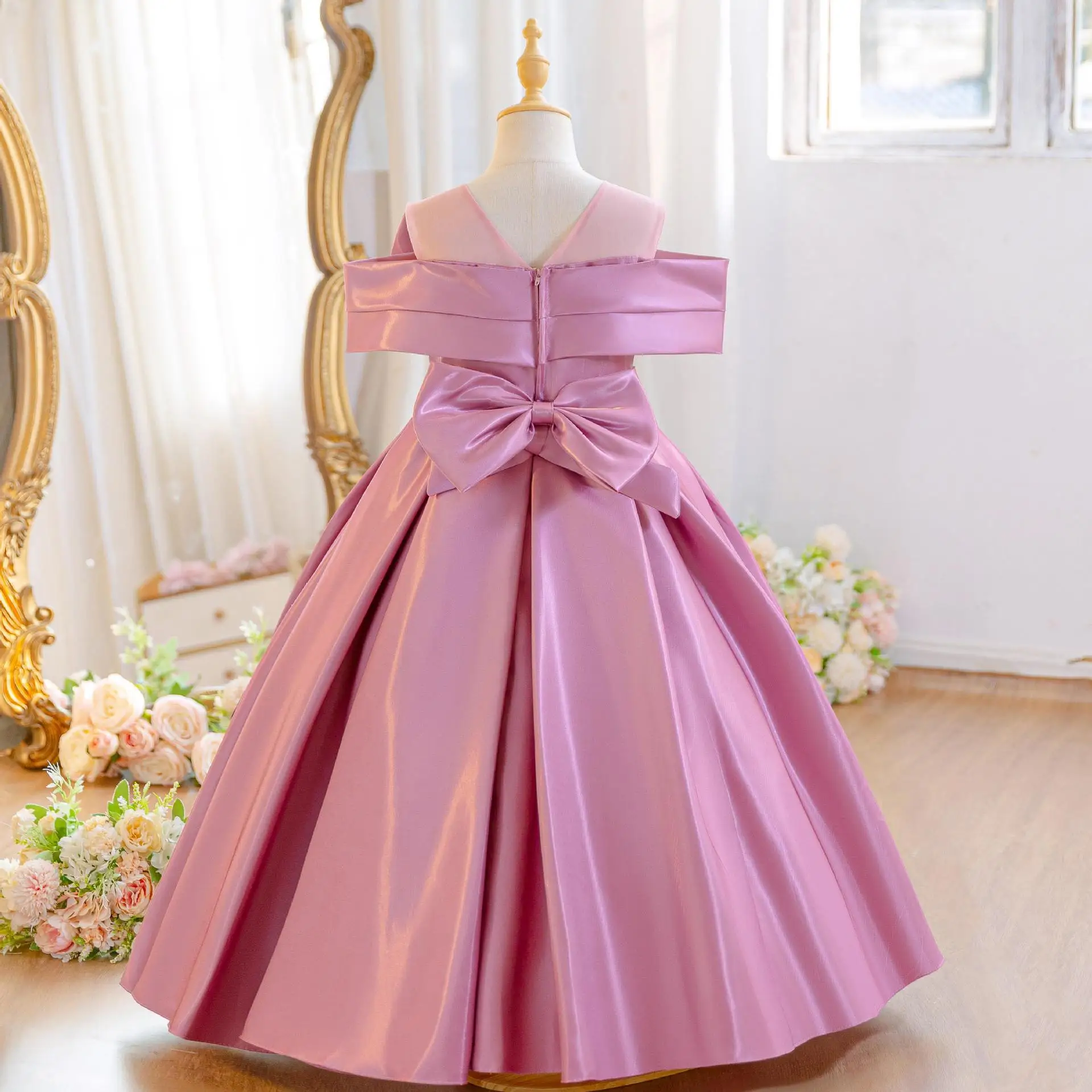 HETISO Children's Elegant Dress Crystal Sashes Girls Princess Sequined Bow Sleeveless Flower Kids Wedding Little Ball Gown 10 12