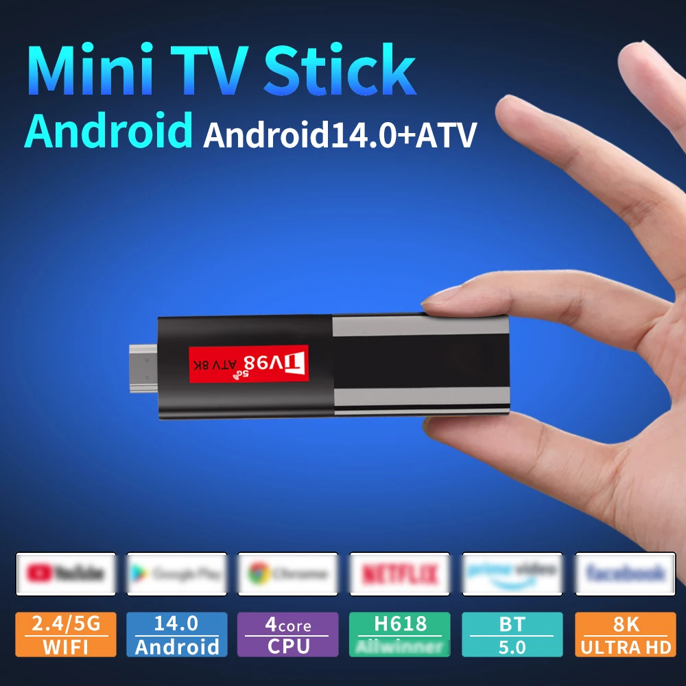 Android 14 TV Stick TV98 ATV Mini TV Box Support 8K 4K Video BT5.0 2.4G 5G Dual WiFi 6 Voice Remote Quad Core A53 Smart TV Stick