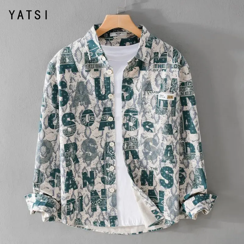 Japanese Letter Printed Personalized Lapel Shirt for Men Trendy and Cool Casual Long Sleeved Shirt Jacket Trendy