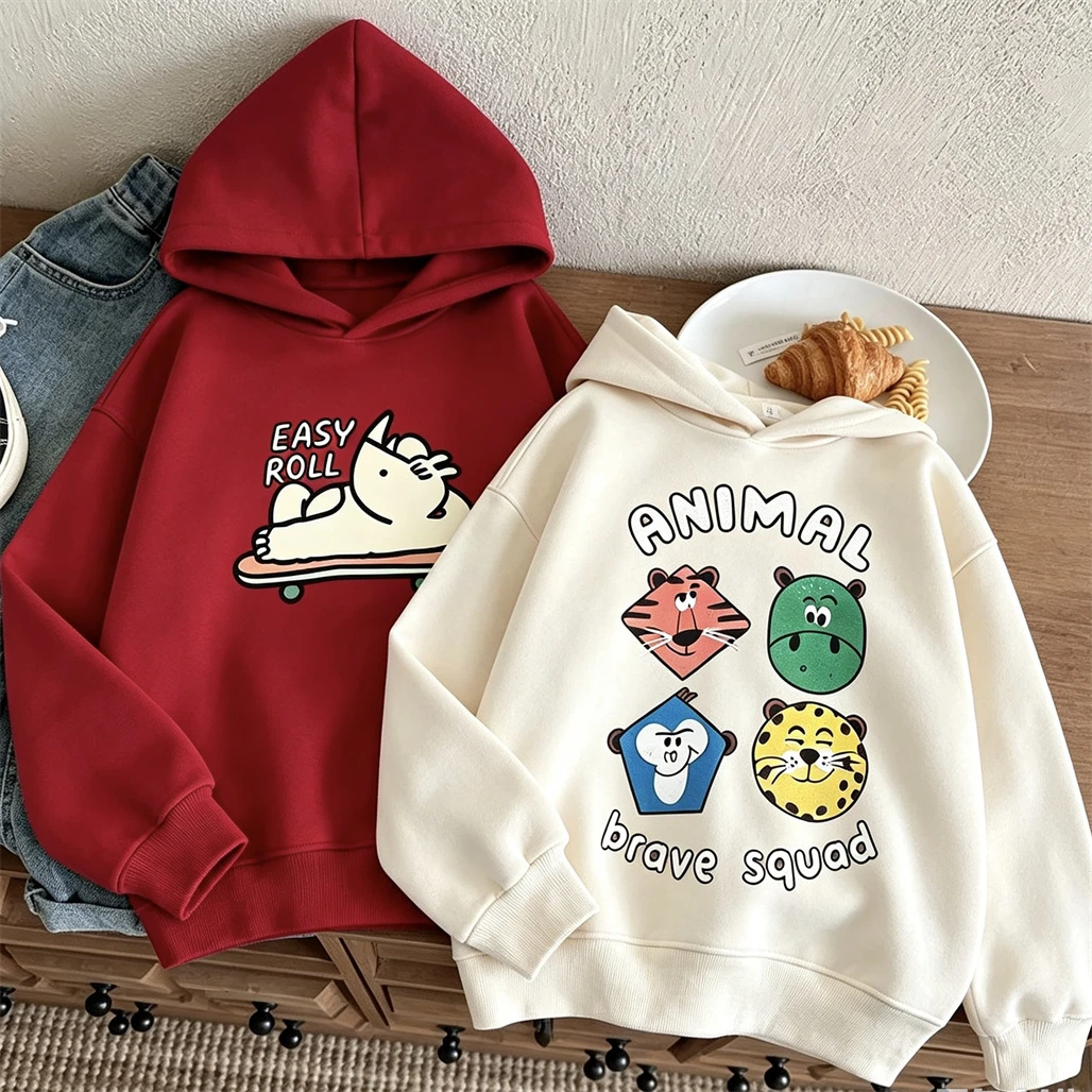 Fashion Casual Sweatshirts Children New Design Printed Hooded Tops Boys And Girls Autumn Winter Lovely Thin Velvet Hoodies
