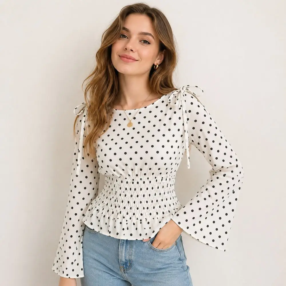 

Fashion Summer Polka Dot Shirts Crop Tops Slim Fit Women's Ruffle Blouse Casual Elegant Ladies Tops Summer Wear