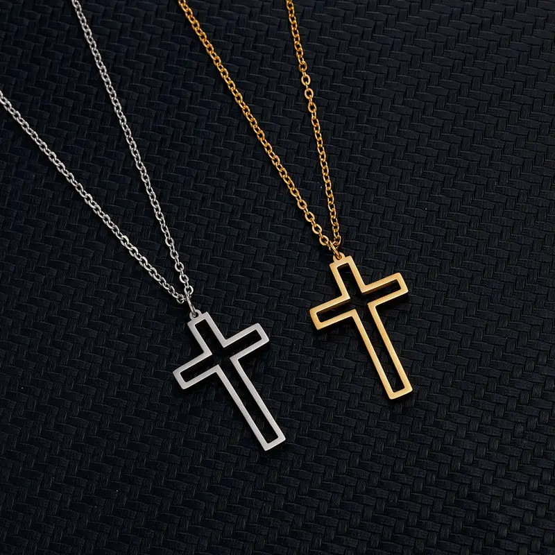 Rinhoo Stainless Steel Necklace For Women Men Long Chain Cross Necklace Small Cross Religious Christian Ornament Jewelry Gift