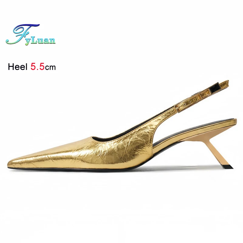 

﻿New Fashion Summer Golden Women's Sandals Thin Heels 5.5cm Pointed Toe Rear Empty Rear Strap Ladies Pumps Sexy Party Shoes CD