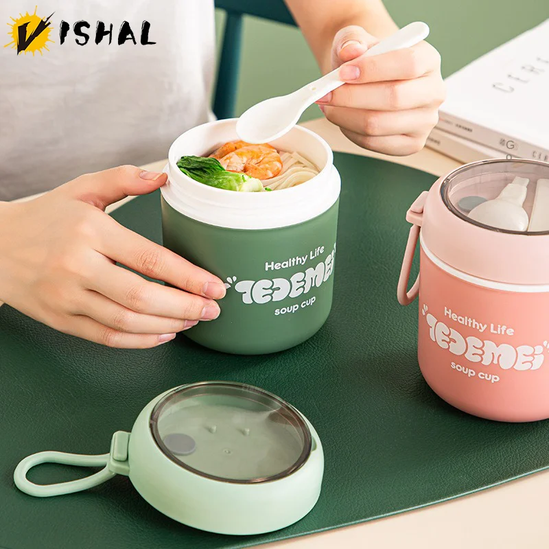 VISHAL Antibacterial Plastic Soup Cup Congee Pot with Lid Spoon Microwave Oven Heating Lunch Box Portable Breakfast Cup