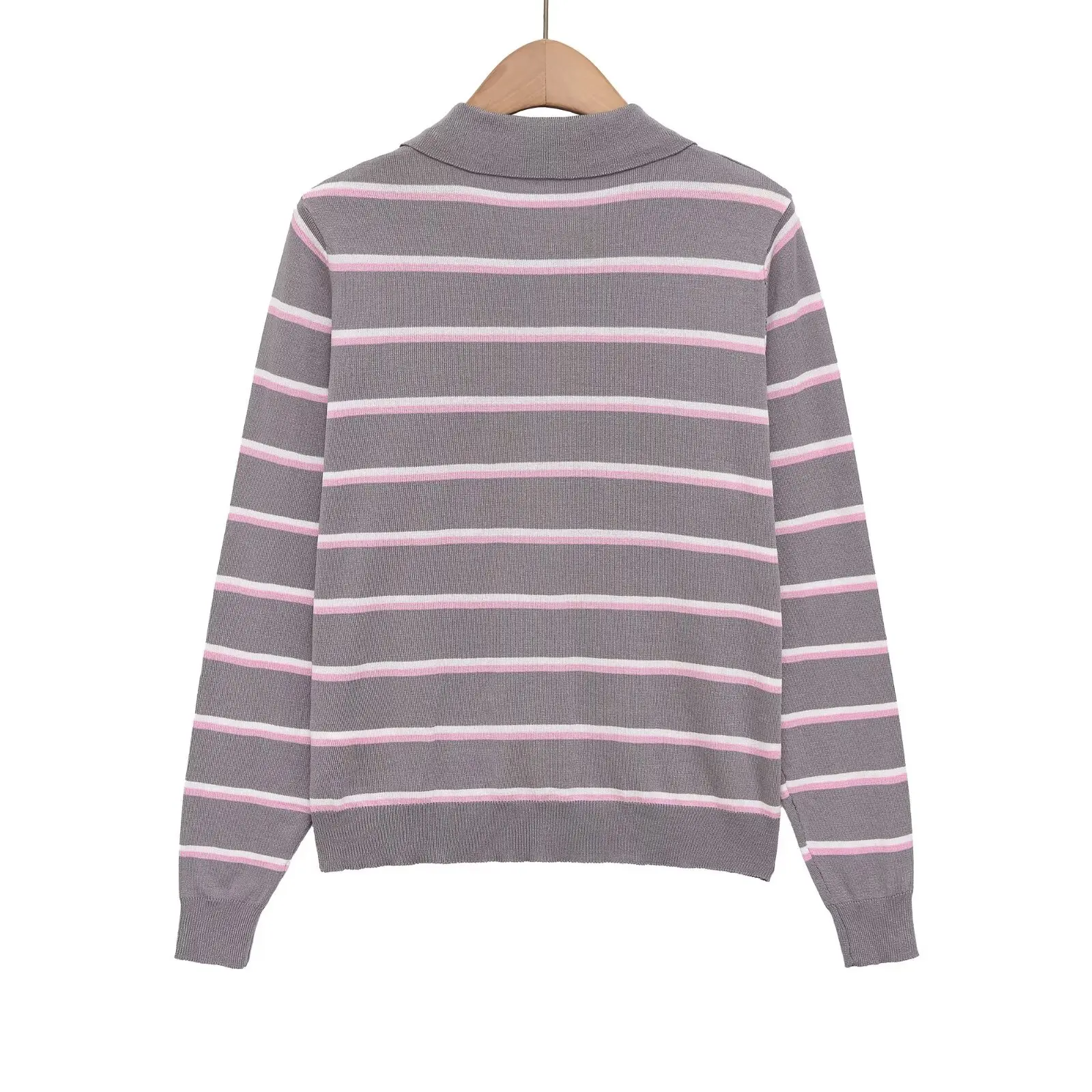 KONDALA Chic Spring Grey Striped Streetwear Buttons Women Knitwear Fashion 2026 Loose Turn-down Collar Female Casual Sweaters