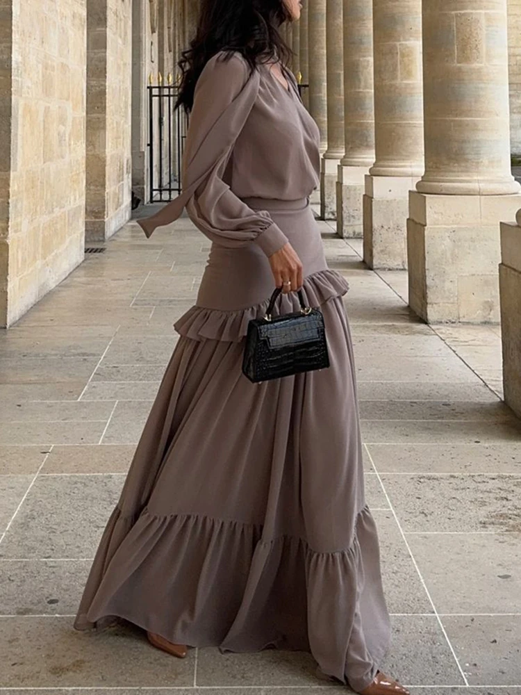 

Unique Ruffle Party Women 2pc Set Chiffon Comfortable Long Sleeved Autumn Suit Casual Street Wear Solid Color Long Skirt Outfit