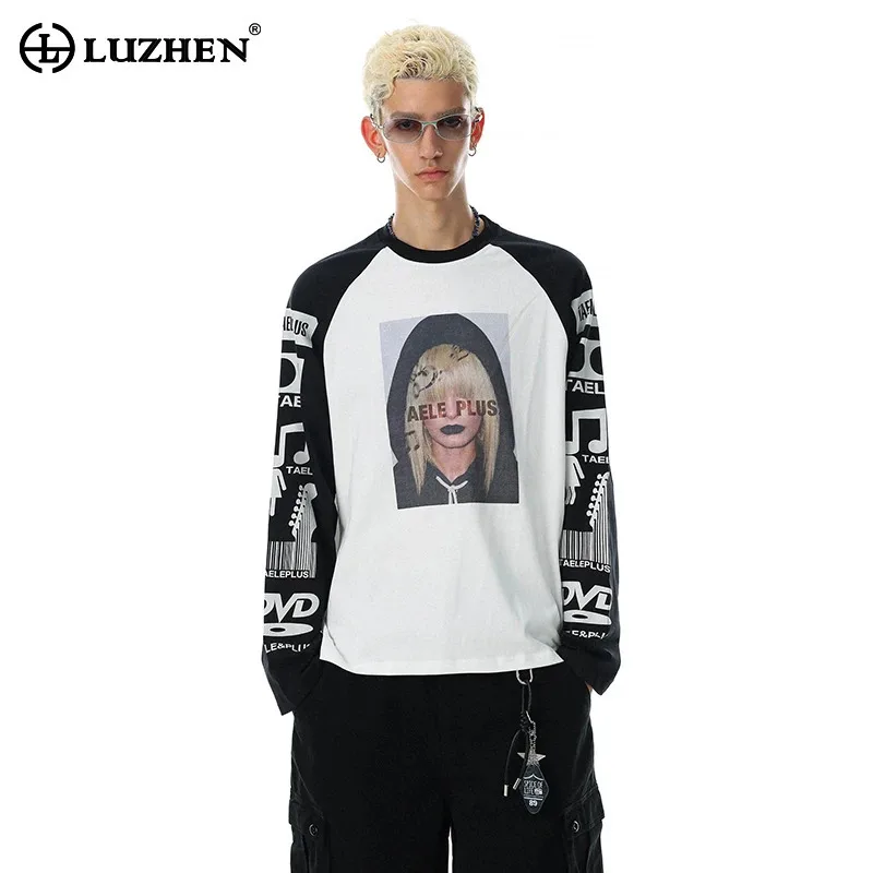 LUZHEN 2026 New Stylish Printed Pattern Color Contrast Splicing Long Sleeve T-shirts Men's Handsome Original Casual Tops JY8353