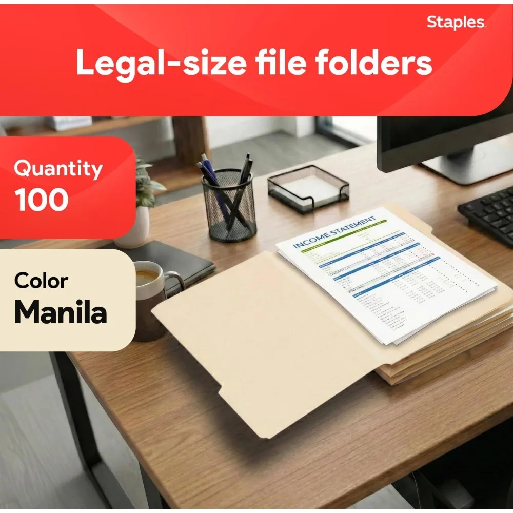 Recycled Legal Size File Folders, 1/3-Cut Tabs, Manila, 100 Pack