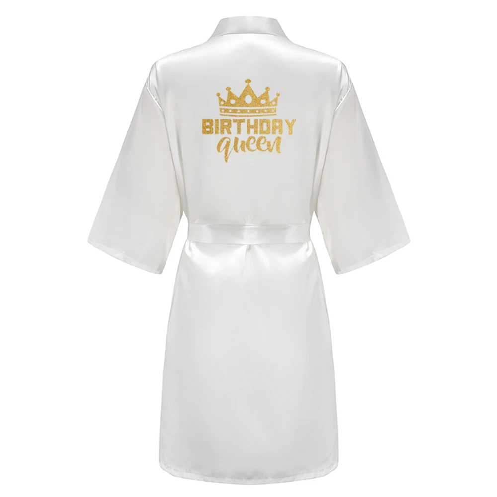 Birthday Party Queen Squad Robes Satin Pajamas Dressing Gown White Writing Kimono Rose Gold Bathrobe