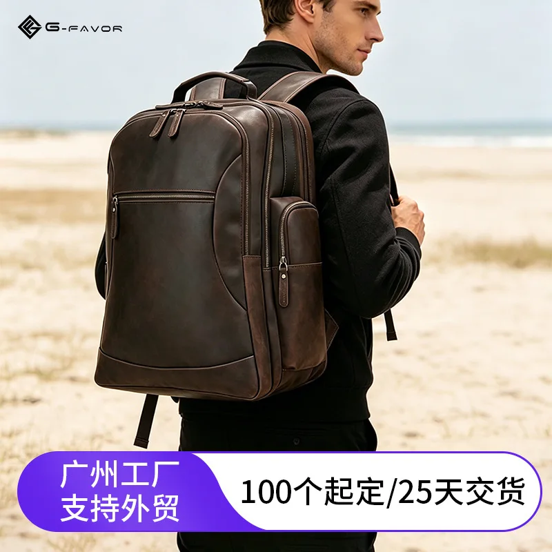 New high-end crazy horse leather backpack, top-layer cowhide backpack men, large capacity travel