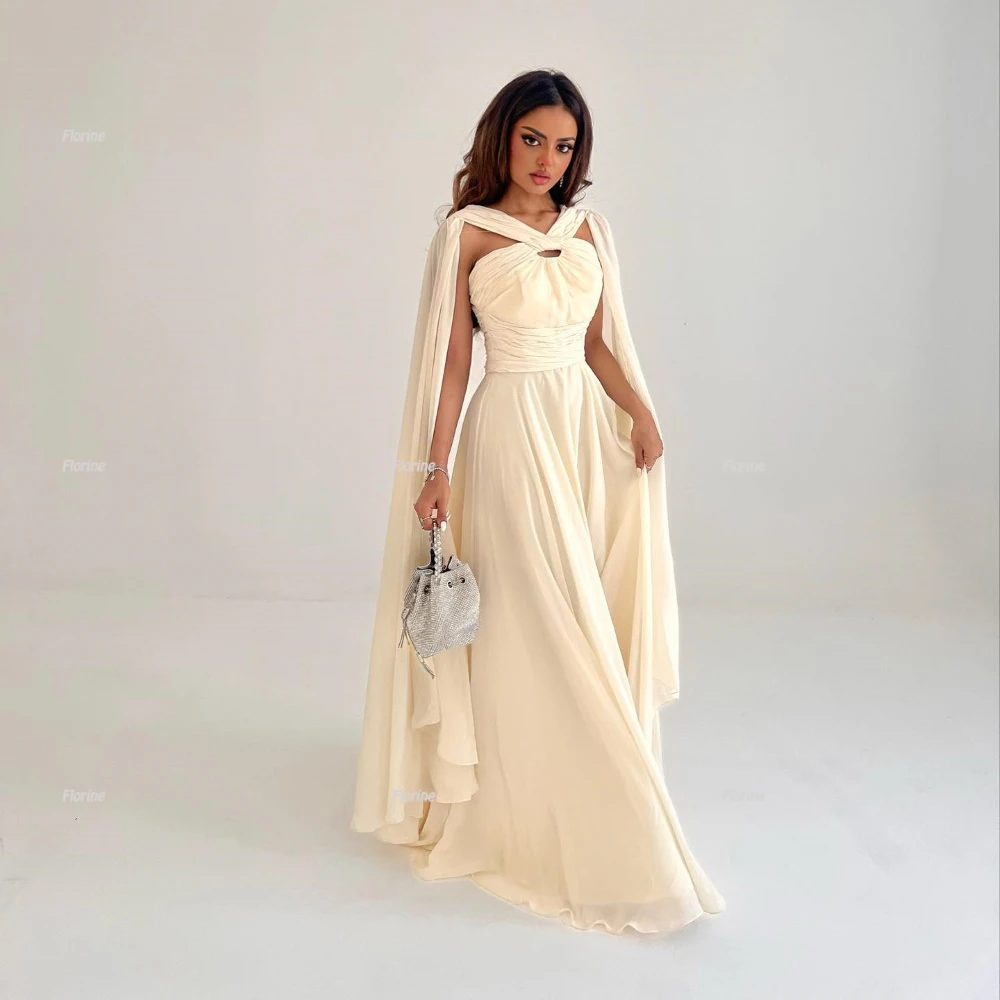 

FLORINE TULIRAIN Floor-Length A-Line Halter Elegant Long Shawl Beige Pleat Evening Dress Cocktail Prom Gown For Sexy Women