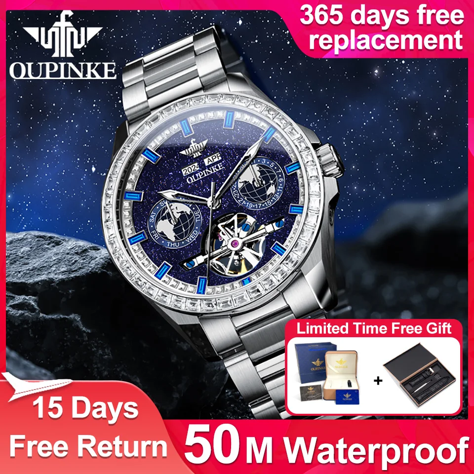 

OUPINKE Men's Watch Luxury high-end Automatic Mechanical Wristwatch Hollow Dial Waterproof Luminous Date Brand Watch Gift Clock