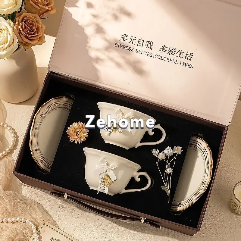 Retro coffee cup and saucer set 2026 new high-value ceramic mug couple pair of cups wedding birthday gift