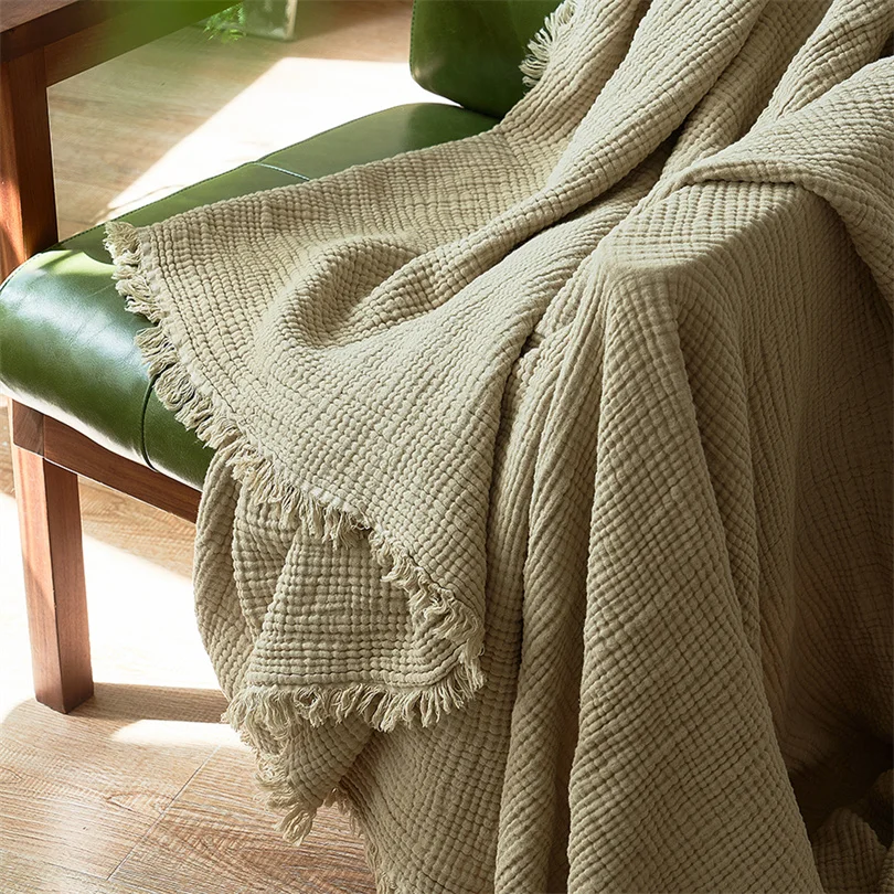 100% Cotton Muslin Throw Blanket for Sofa 6 Layer Breathable Lightweight Boho Throws for Couch Bed Summer Blankets with Tassel