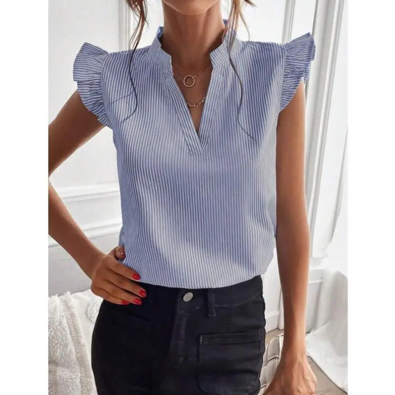 

Casual Striped V-ne Bubble Sve irt New L 30202 Cross-border Workplace irt for Women Polyester Fabric Seven-quarter S...
