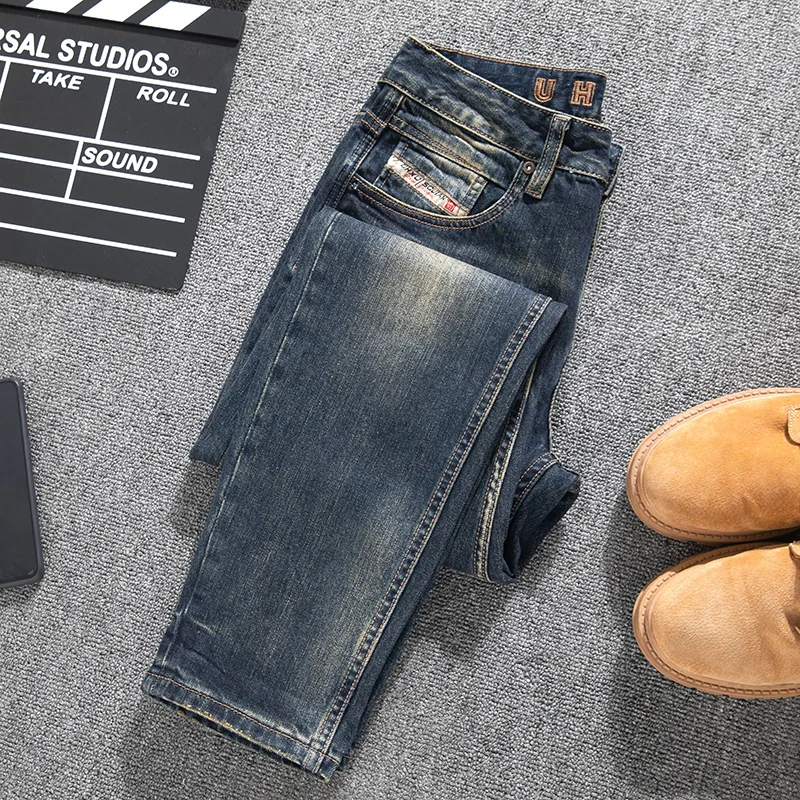 

Retro heavyweight and handsome street jeans for men, slim fit and small feet, nostalgic washed fashionable denim pants