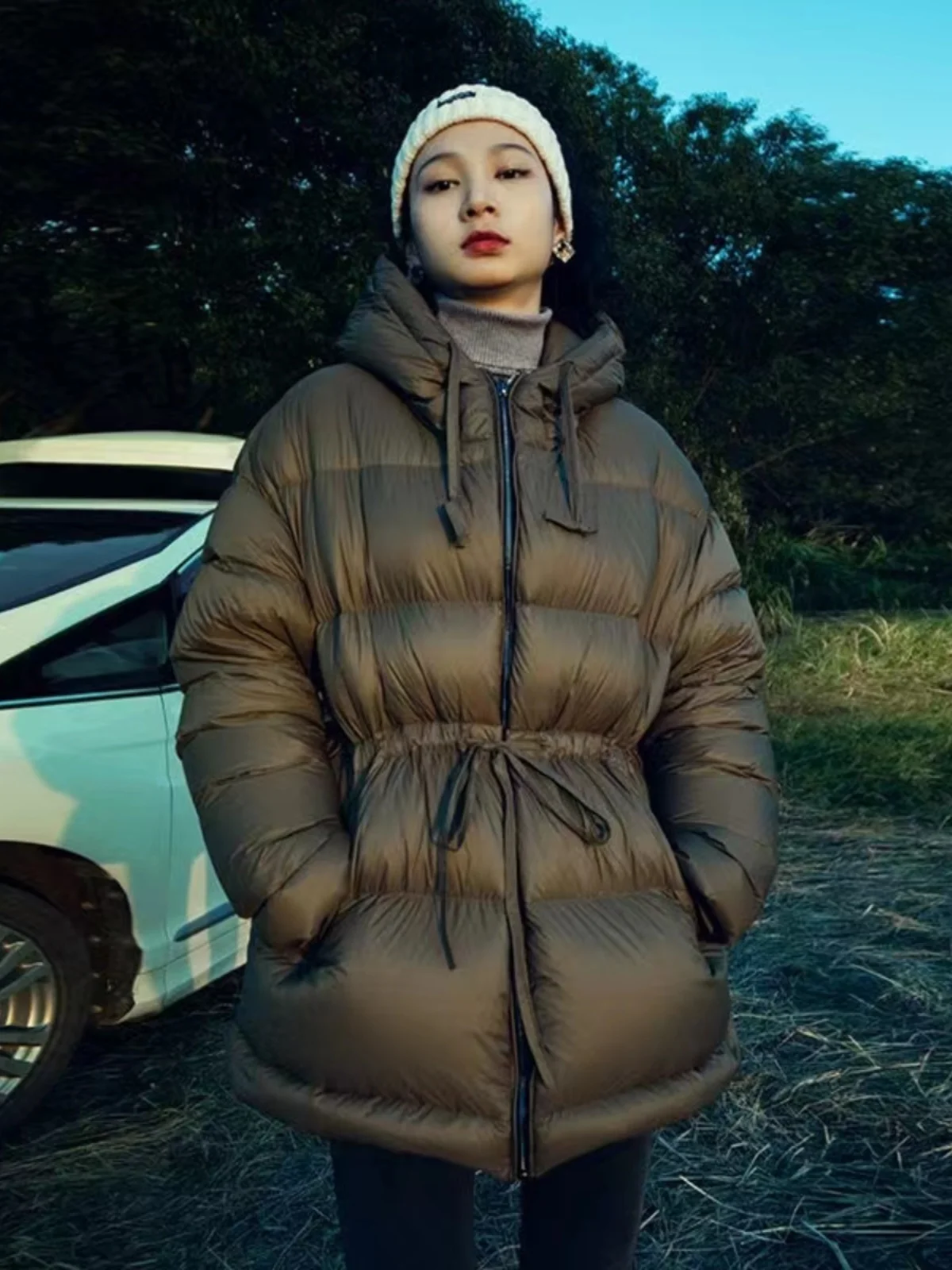 

Свободный крой Bread Sle down Jaet White Du Feather Waist Cord Puffy Soft Warm Commute Sle Regular Sve Long Zipper