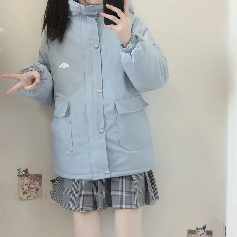 Jaket empuk katun Cinnamoroll lucu pakaian katun tebal musim dingin wanita jaket bantalan roti siswa perempuan gaya Korea hangat