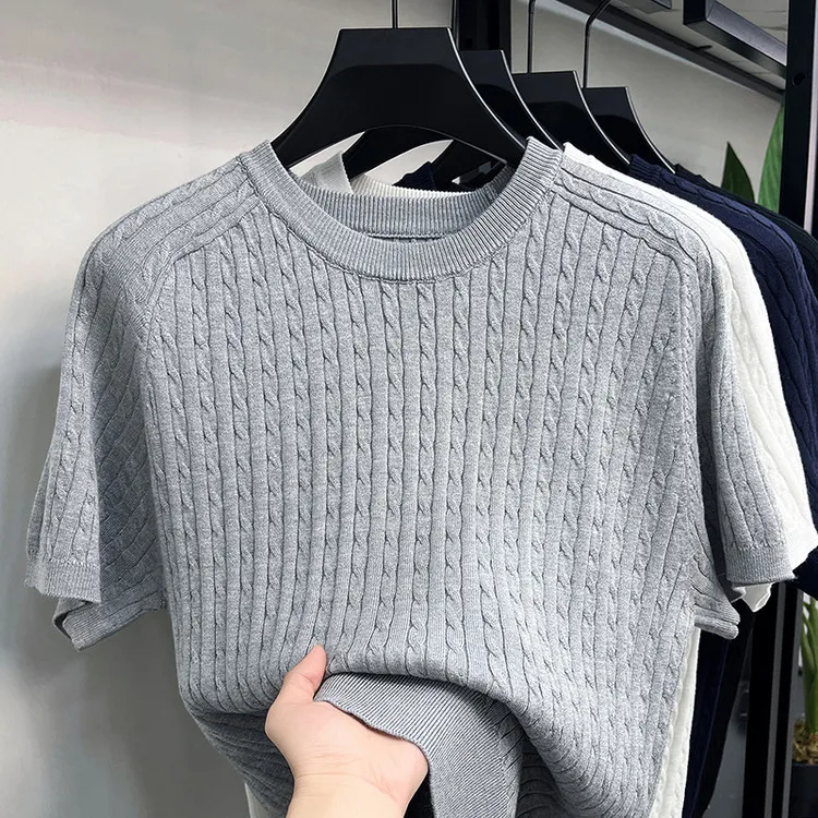 Summer New Round Neck Short-sleeved T-shirt Twisted Knitted Sweater Fashionable Men's Loose
