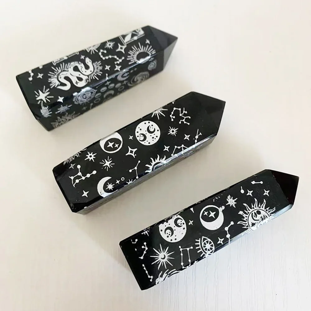 Natural Black Obsidian Point Tower Silver Rune Totem Constellation Astrology Star Moon Phase Reiki Healing Crystals Home Decor