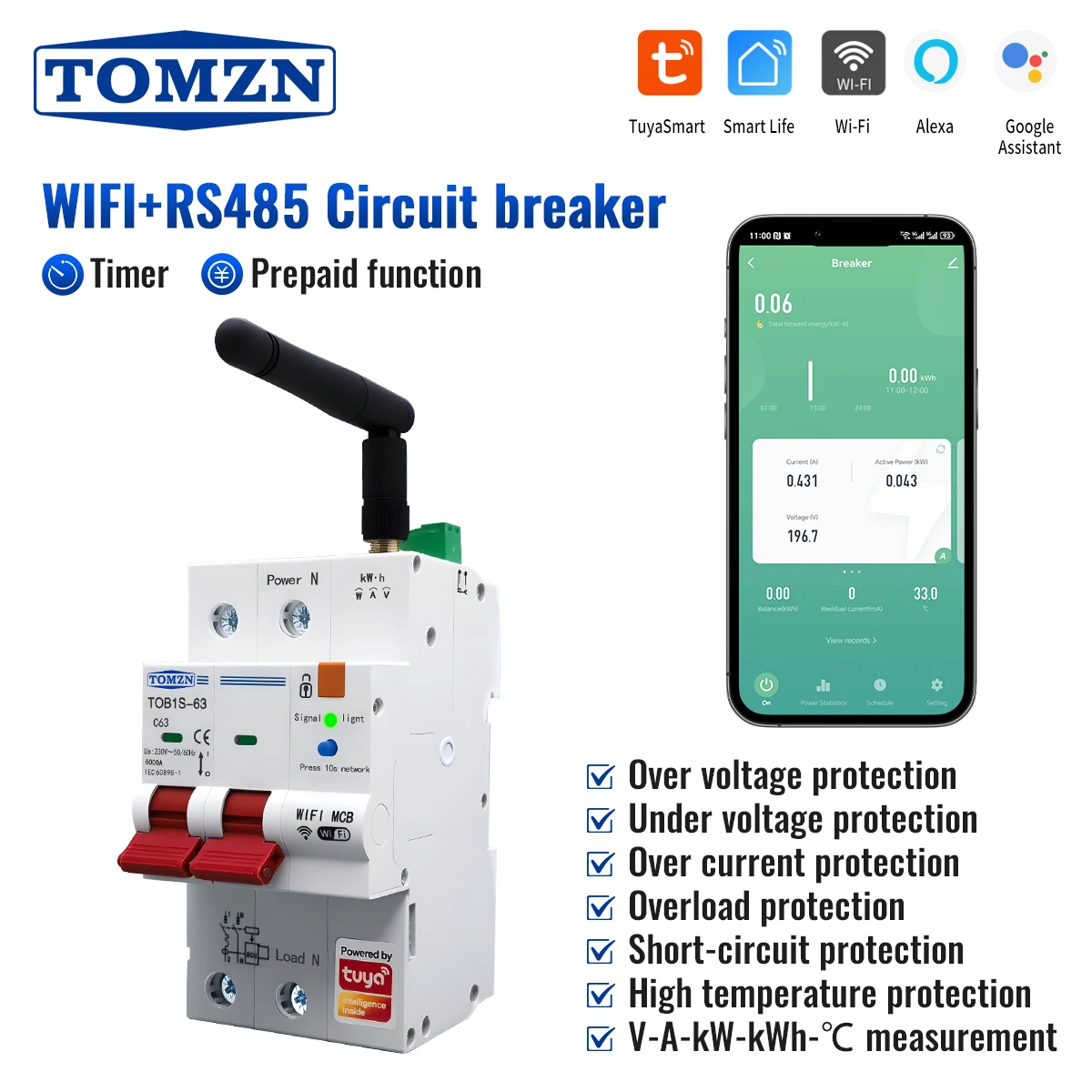 

TOMZN 2P WIFI RS485 Автоматический выключатель MCB Механический замок отключения L + N TUYA Распределительная коробка Smartlife Интеллектуальный таймер 220 В переменного тока