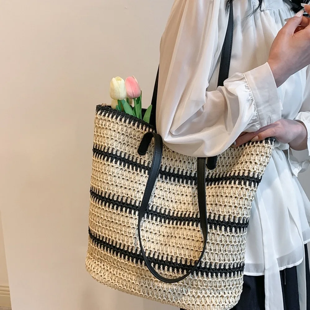 

Элегантная женская соломенная сумка на плечо, однотонная большая вместительная полосатая вязаная крючком сетчатая сумка, универсальная просторная повседневная тканая сумка