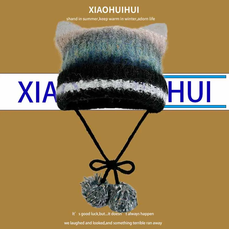 Japanese Color Striped Cat Ear Knitted Pullover Hat Women Winter Warm Lace-up Hairball Decorative Ear Protector Skull Beanie Cap