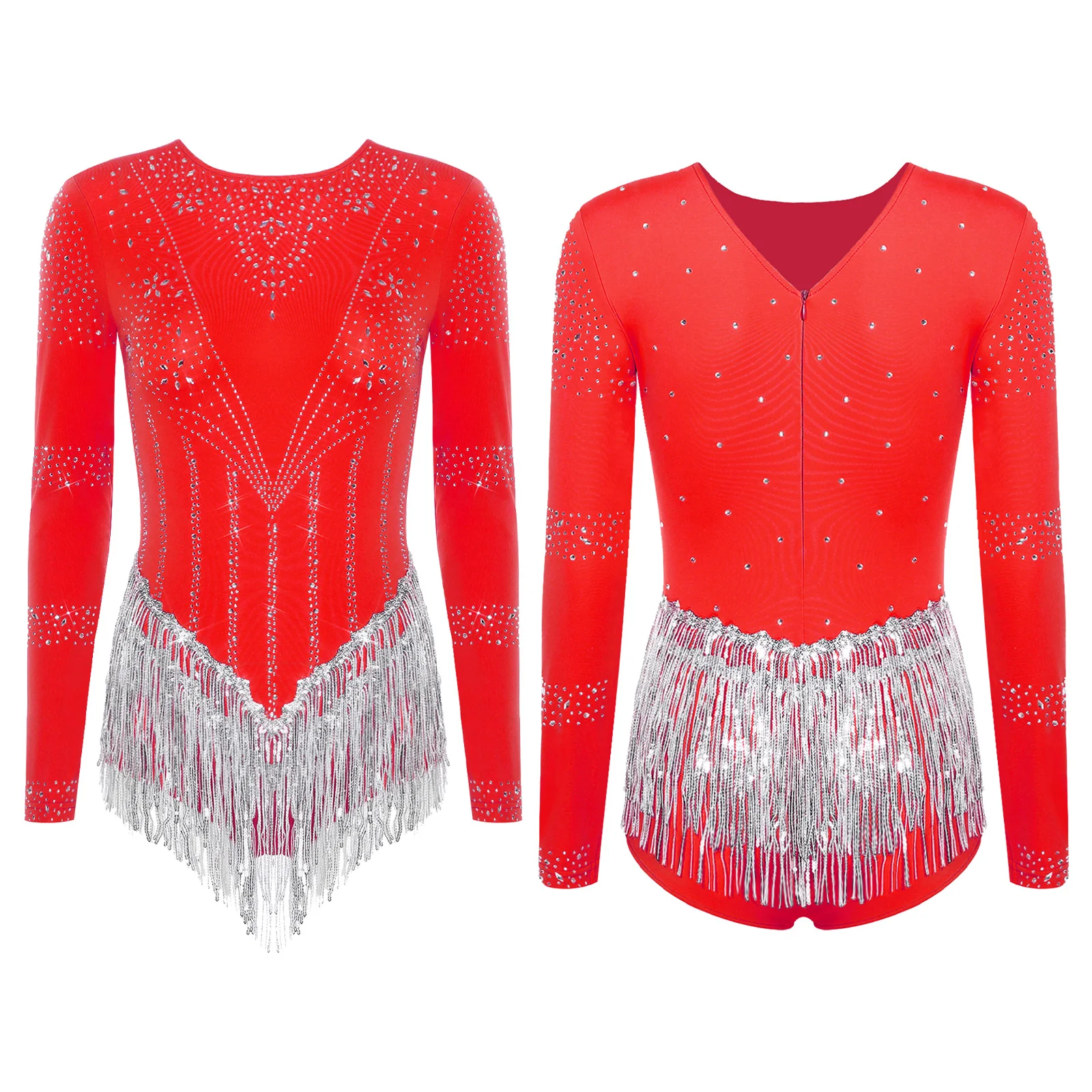 بدلة رقص لاتينية للسيدات لامعة مرصعة بأحجار الراين وشرابات ترتر للتزلج على الجليد يوتار تشا تشا تانجو سامبا رومبا زي قاعة الرقص
